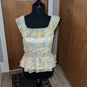 LC Lauren Conrad floral printed smocked ruffle tank